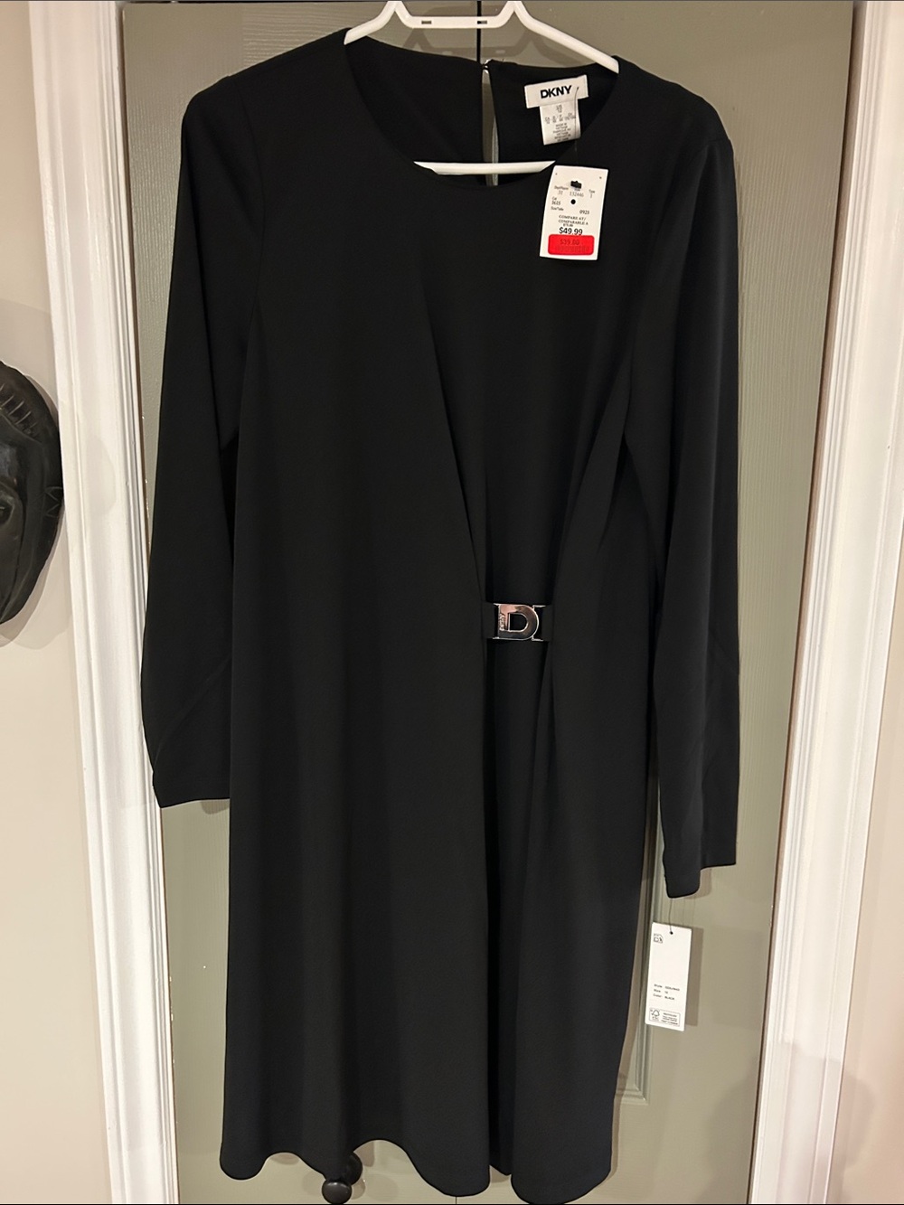 DKNY Black Long-Sleeve Midi Dress with Silver Buckle